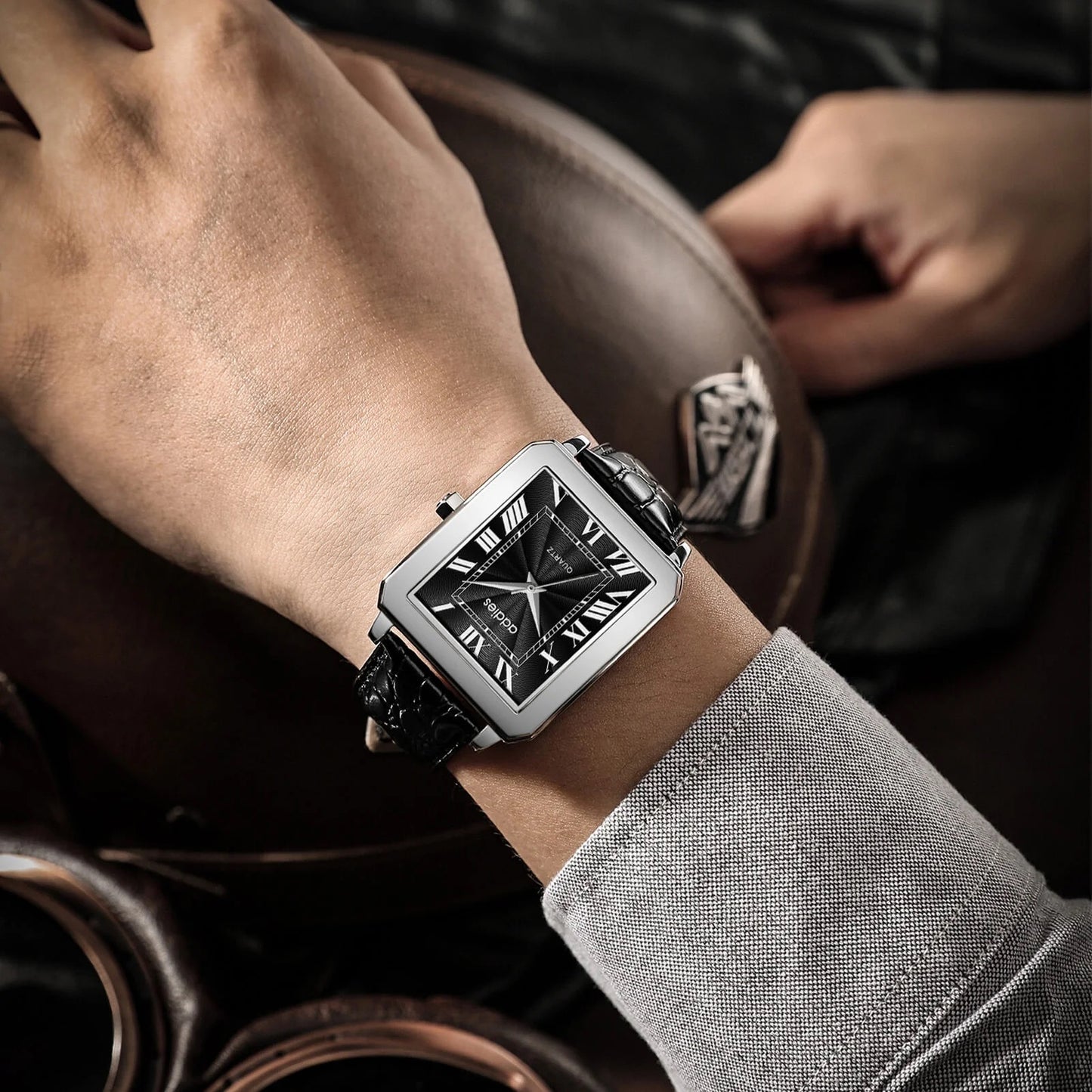 Men's Quartz Homage Watch for Men in their 40s and 50s, Black Leather Strap, Rectangular D-Buckle, ADDIESDIVE MY-RM05