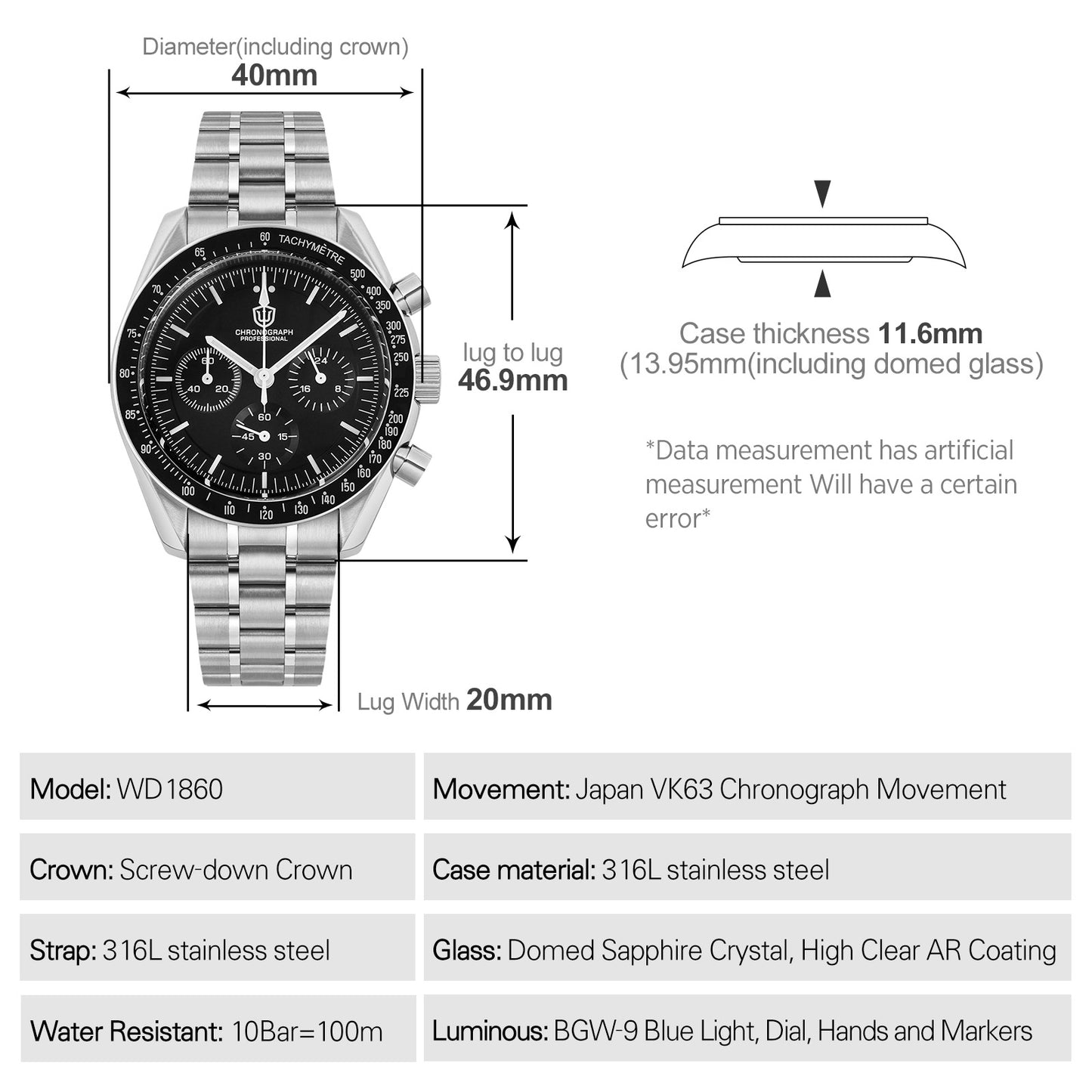腕時計 メンズ 40代 50代 クロノグラフ オマージュウォッチ クォーツ メカクォーツ 40mm WATCHDIVES WD1860