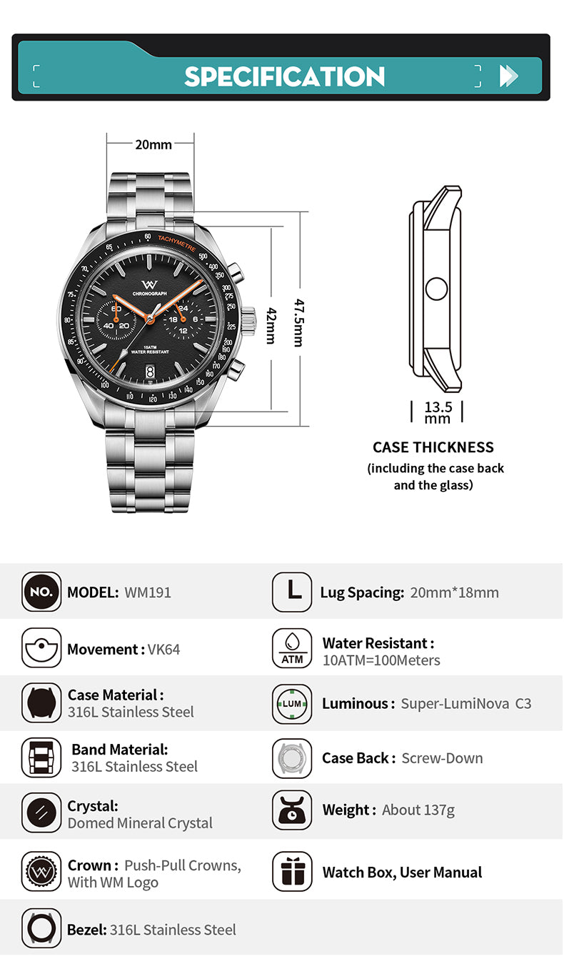 Men's Wristwatch for Men in their 40s and 50s, Chronograph Mechanical Quartz Movement with Calendar and Panda Design, WELLY MERCK WM191