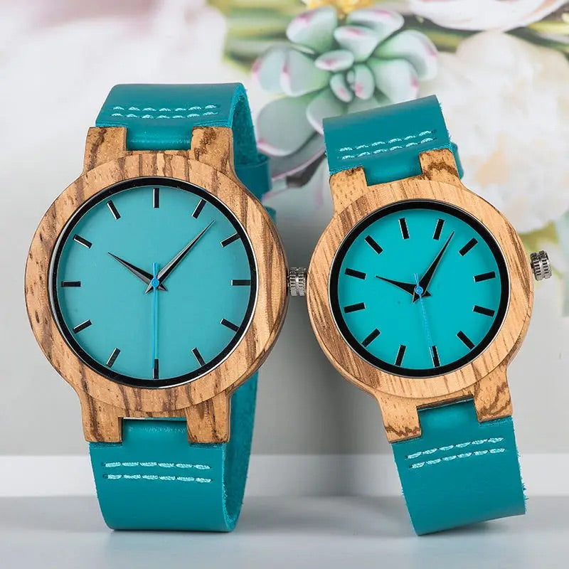 Pair of Wooden Watches for Couples and Husbands, Leather Strap, Hypoallergenic, Turquoise Blue, C28