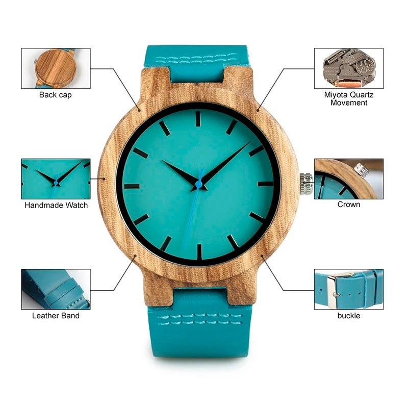 Pair of Wooden Watches for Couples and Husbands, Leather Strap, Hypoallergenic, Turquoise Blue, C28