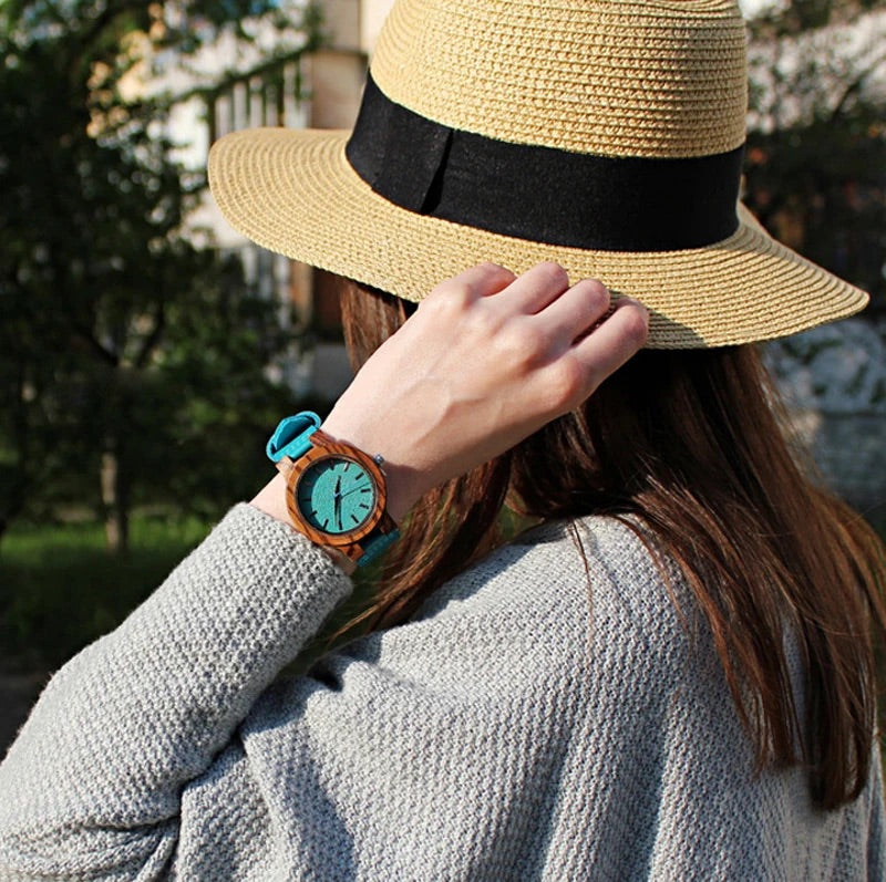 Pair of Wooden Watches for Couples and Husbands, Leather Strap, Hypoallergenic, Turquoise Blue, C28