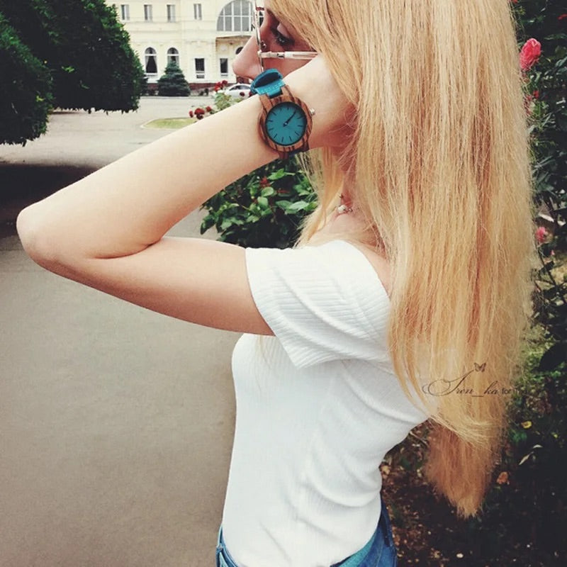 Pair of Wooden Watches for Couples and Husbands, Leather Strap, Hypoallergenic, Turquoise Blue, C28