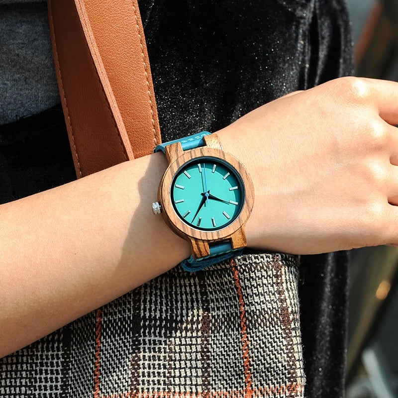 Pair of Wooden Watches for Couples and Husbands, Leather Strap, Hypoallergenic, Turquoise Blue, C28