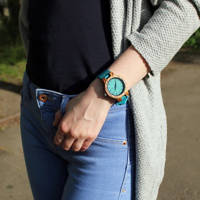 Pair of Wooden Watches for Couples and Husbands, Leather Strap, Hypoallergenic, Turquoise Blue, C28