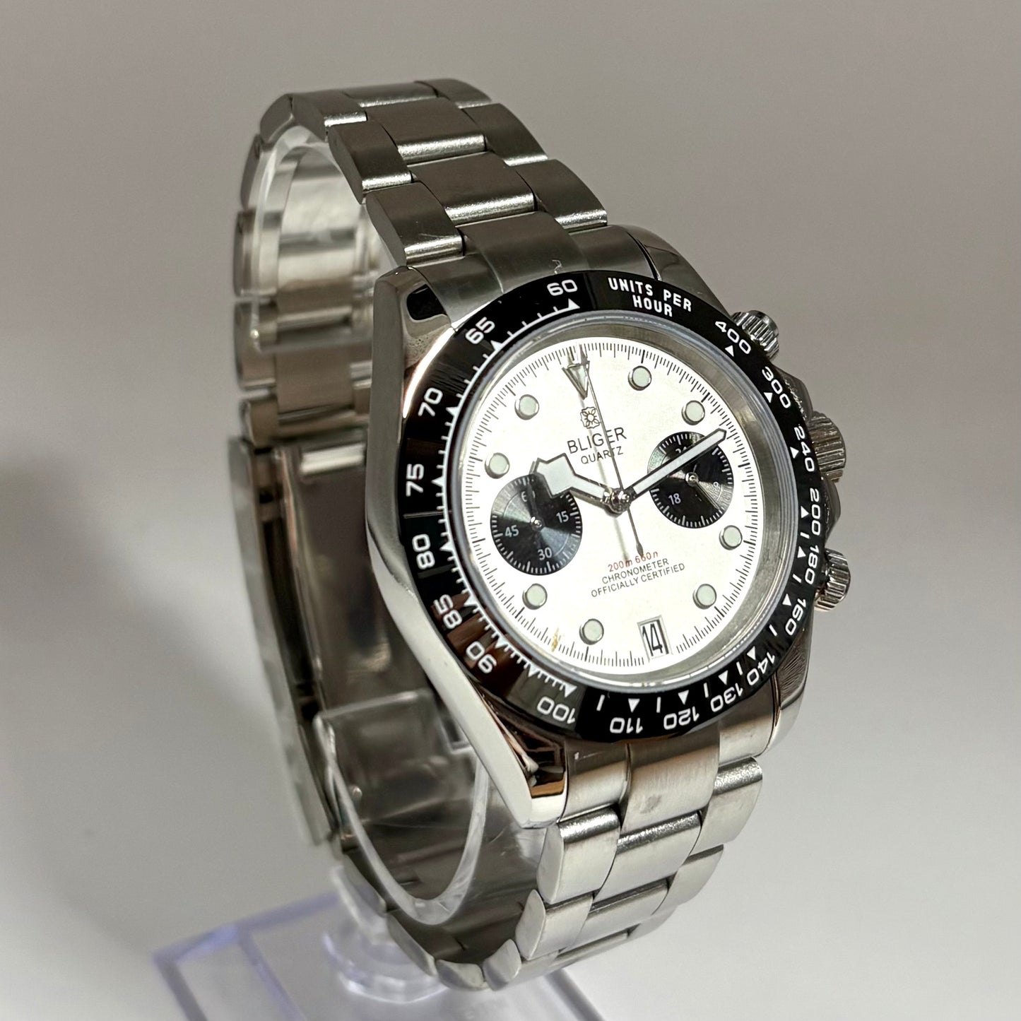Men's Watch, 40s and 50s, Chronograph, Mechanical Quartz, Calendar, Panda, Two-Hand, BLIGER