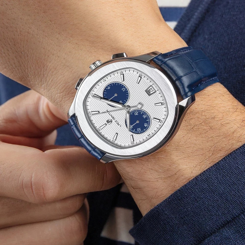 Men's 40s Chronograph Quartz Watch with Tonneau Shape and Leather Strap, LACZ DENTON LD-9108