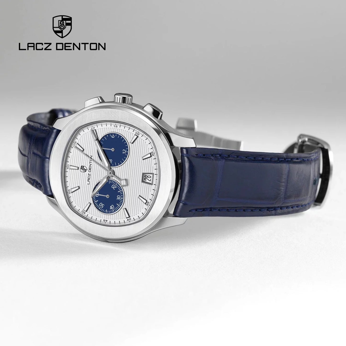 Men's 40s Chronograph Quartz Watch with Tonneau Shape and Leather Strap, LACZ DENTON LD-9108