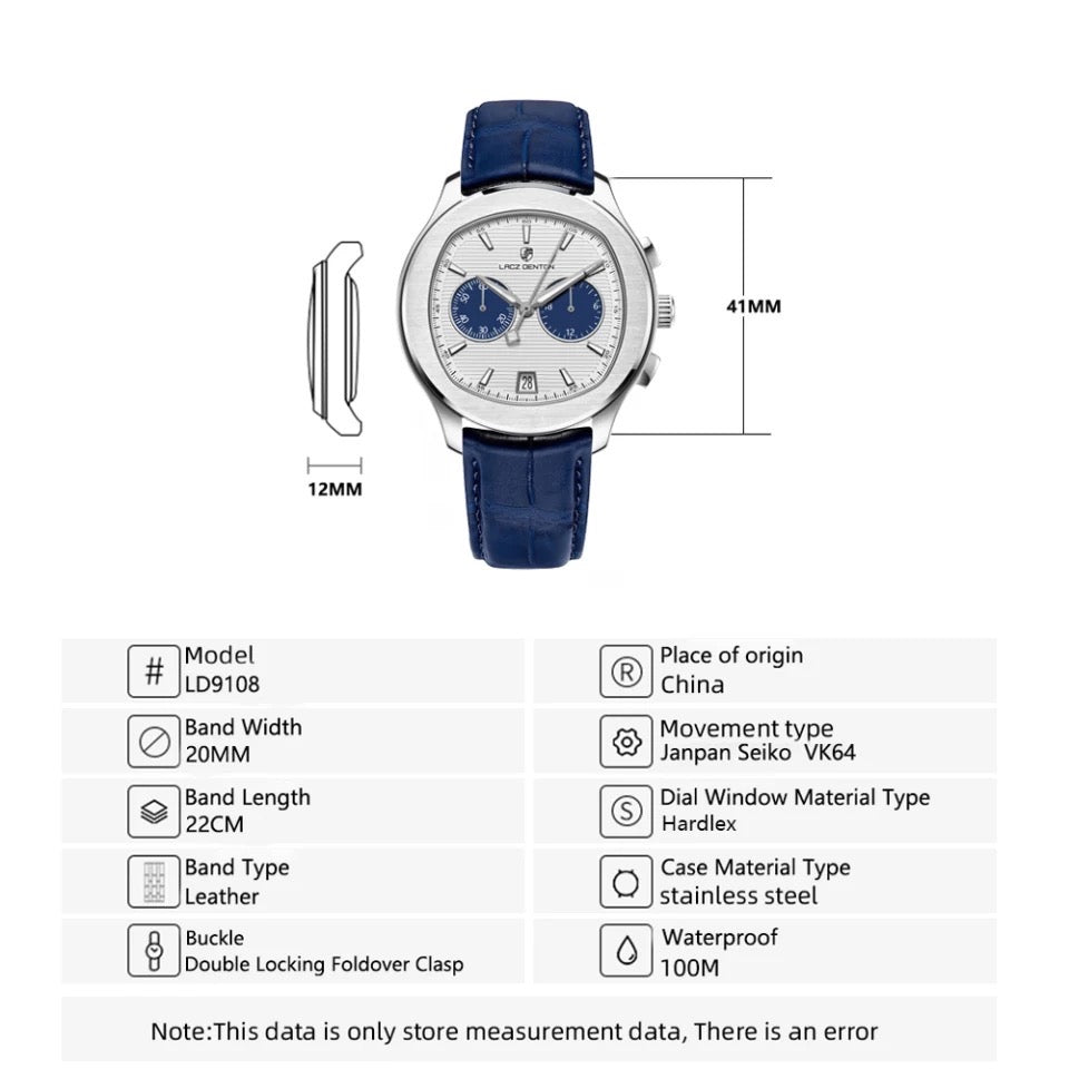 Men's 40s Chronograph Quartz Watch with Tonneau Shape and Leather Strap, LACZ DENTON LD-9108