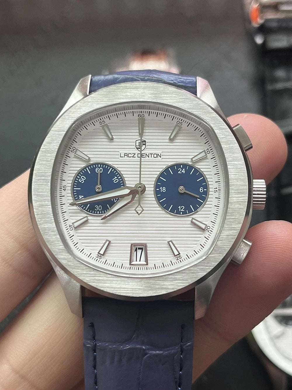 Men's 40s Chronograph Quartz Watch with Tonneau Shape and Leather Strap, LACZ DENTON LD-9108