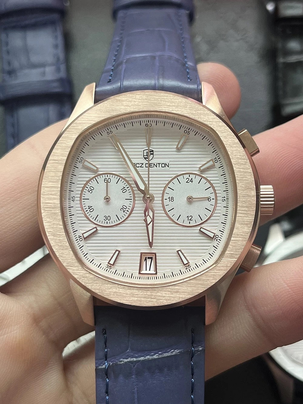 Men's 40s Chronograph Quartz Watch with Tonneau Shape and Leather Strap, LACZ DENTON LD-9108
