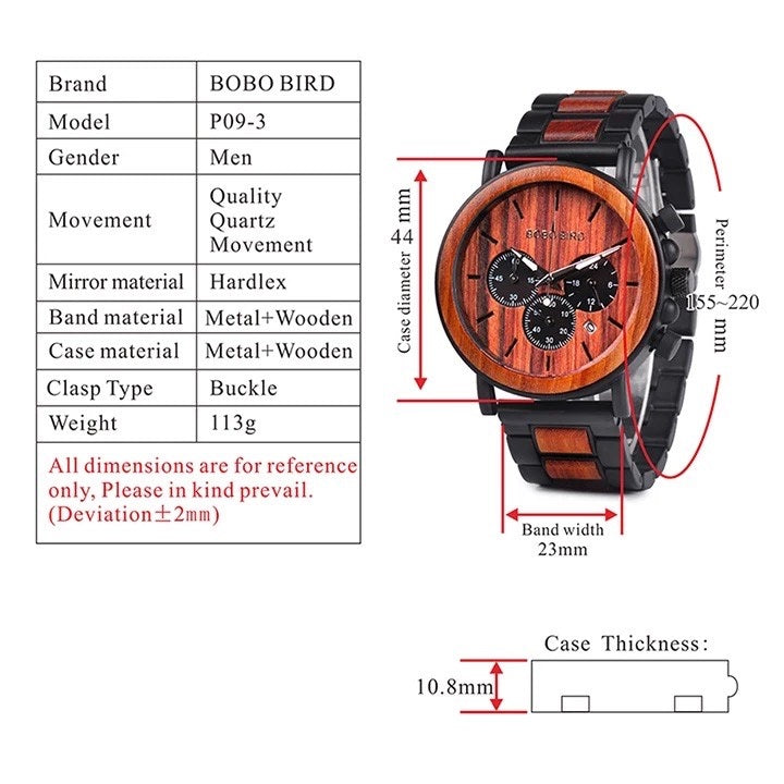 BOBO BIRD Men's Wooden Watch, Chronograph Quartz Movement, Date Display, P09, for Men in their 40s and 50s