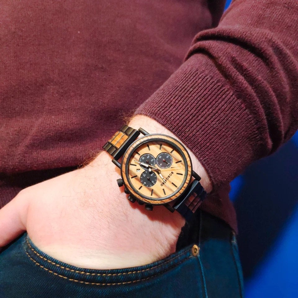 BOBO BIRD Men's Wooden Watch, Chronograph Quartz Movement, Date Display, P09, for Men in their 40s and 50s