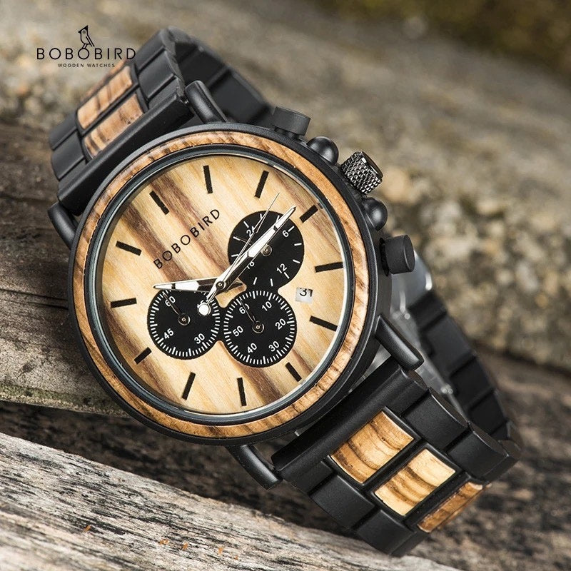BOBO BIRD Men's Wooden Watch, Chronograph Quartz Movement, Date Display, P09, for Men in their 40s and 50s