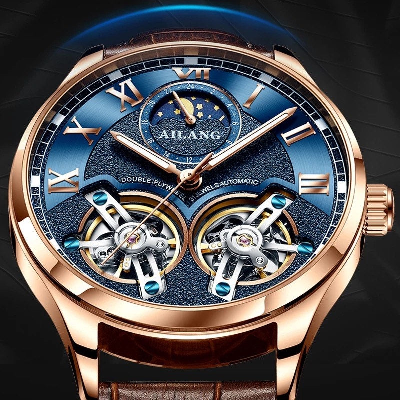 AILANG Men's Automatic Mechanical Watch with Leather Strap, Skeleton Design, Sun & Moon, and Moon Phase Display for Men in Their 40s and 50s