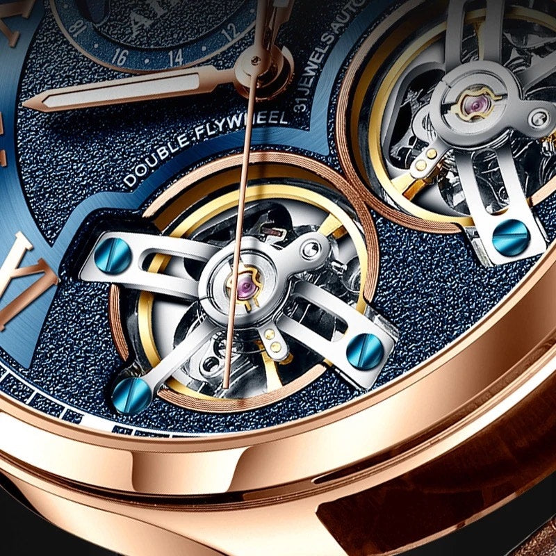 AILANG Men's Automatic Mechanical Watch with Leather Strap, Skeleton Design, Sun & Moon, and Moon Phase Display for Men in Their 40s and 50s