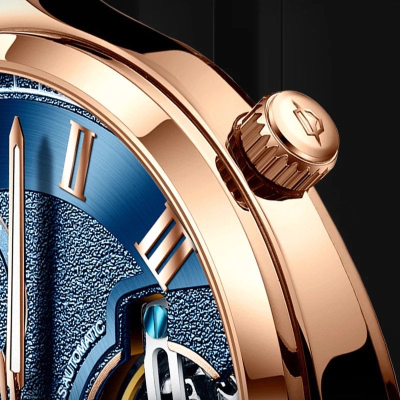 AILANG Men's Automatic Mechanical Watch with Leather Strap, Skeleton Design, Sun & Moon, and Moon Phase Display for Men in Their 40s and 50s