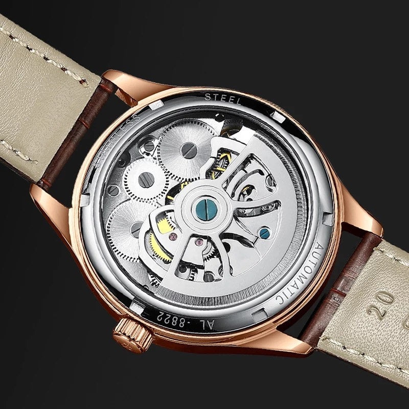 AILANG Men's Automatic Mechanical Watch with Leather Strap, Skeleton Design, Sun & Moon, and Moon Phase Display for Men in Their 40s and 50s