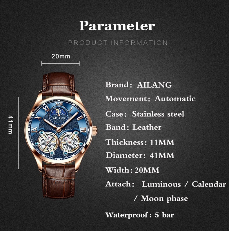 AILANG Men's Automatic Mechanical Watch with Leather Strap, Skeleton Design, Sun & Moon, and Moon Phase Display for Men in Their 40s and 50s