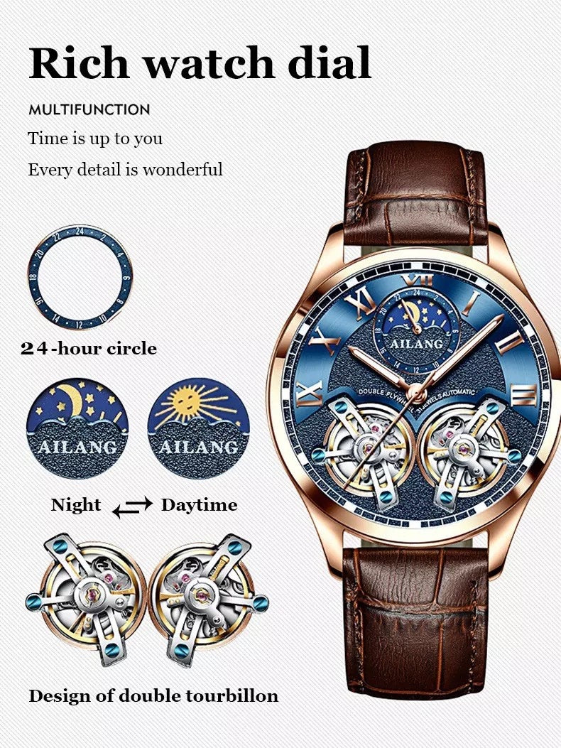 AILANG Men's Automatic Mechanical Watch with Leather Strap, Skeleton Design, Sun & Moon, and Moon Phase Display for Men in Their 40s and 50s