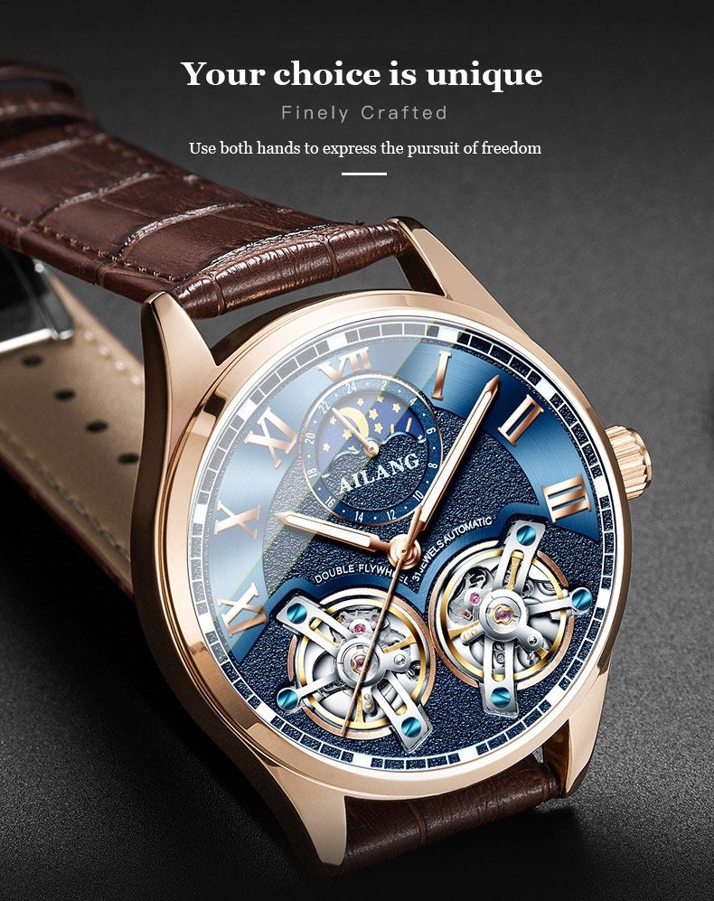AILANG Men's Automatic Mechanical Watch with Leather Strap, Skeleton Design, Sun & Moon, and Moon Phase Display for Men in Their 40s and 50s