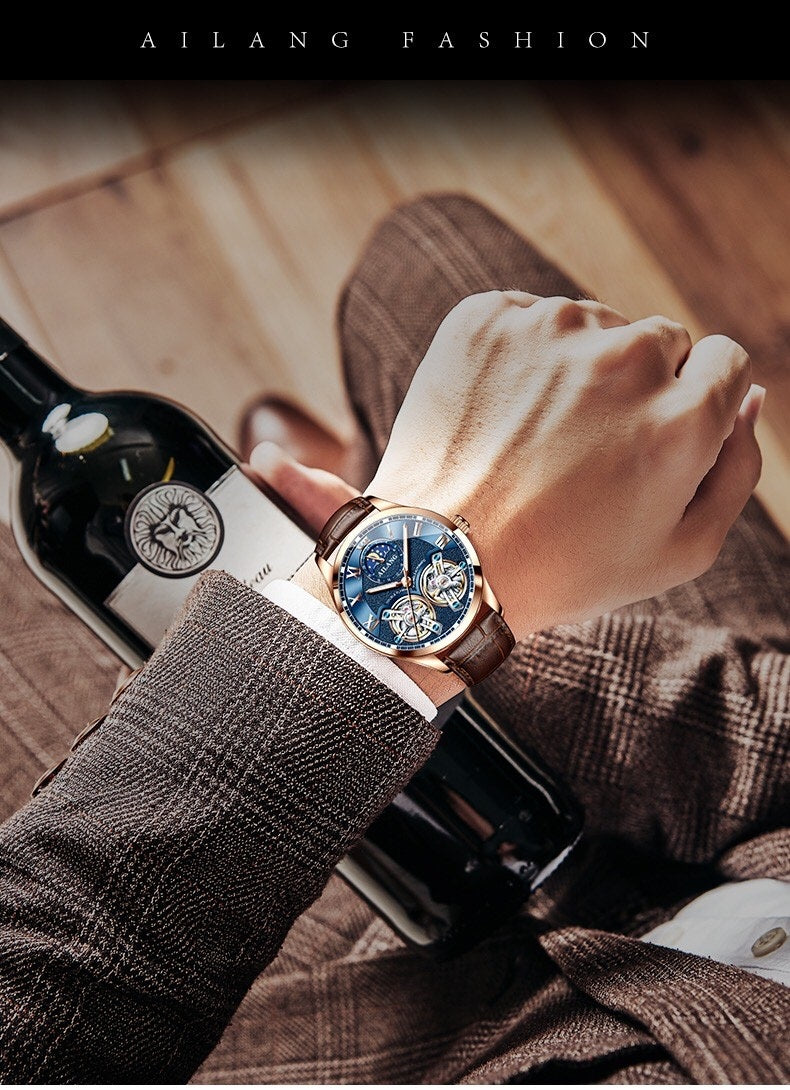 AILANG Men's Automatic Mechanical Watch with Leather Strap, Skeleton Design, Sun & Moon, and Moon Phase Display for Men in Their 40s and 50s