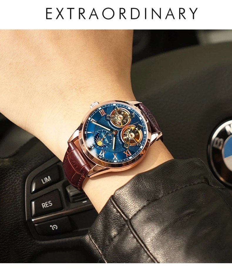 AILANG Men's Automatic Mechanical Watch with Leather Strap, Skeleton Design, Sun & Moon, and Moon Phase Display for Men in Their 40s and 50s
