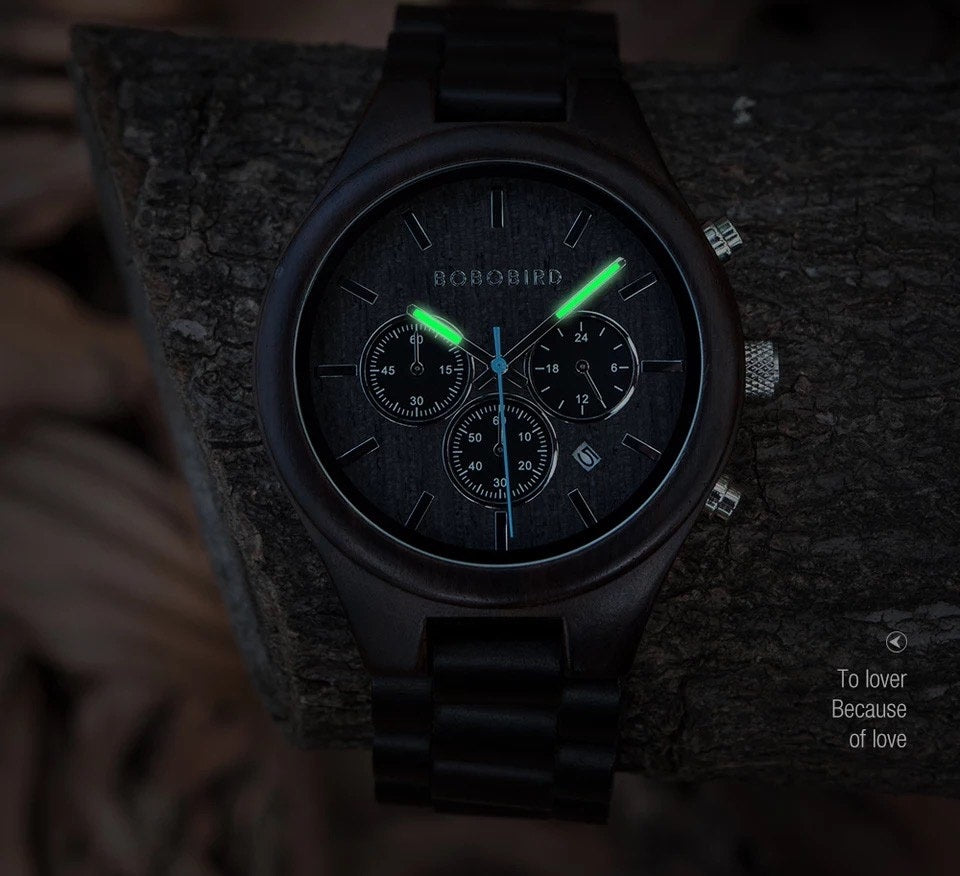 BOBO BIRD GT032 Wooden Watch for Men in their 40s and 50s, Chronograph Quartz Movement with Date Display