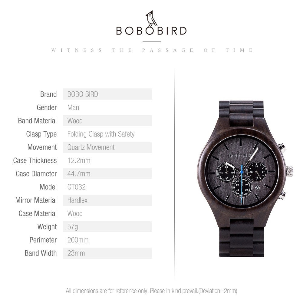 BOBO BIRD GT032 Wooden Watch for Men in their 40s and 50s, Chronograph Quartz Movement with Date Display