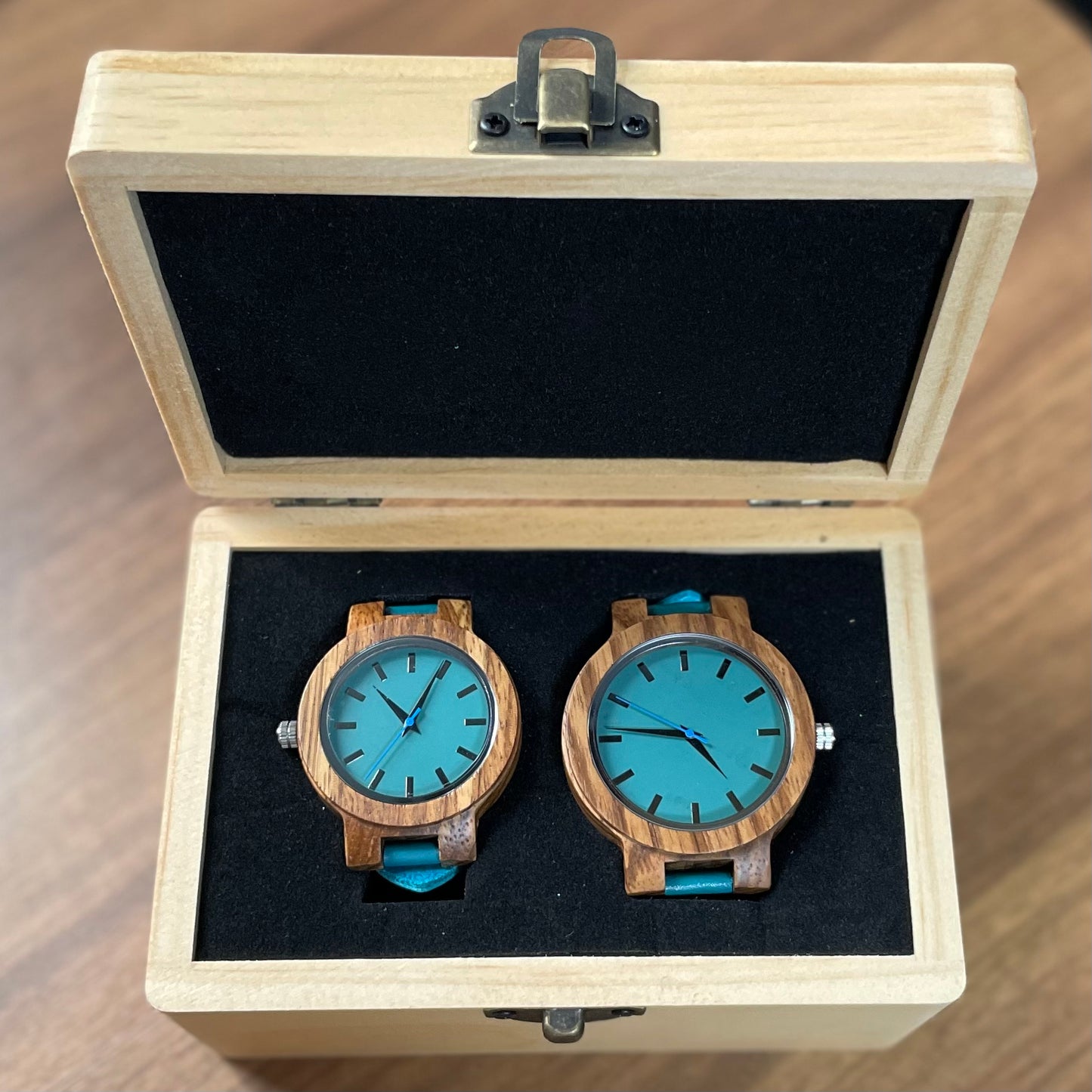Pair of Wooden Watches for Couples and Husbands, Leather Strap, Hypoallergenic, Turquoise Blue, C28