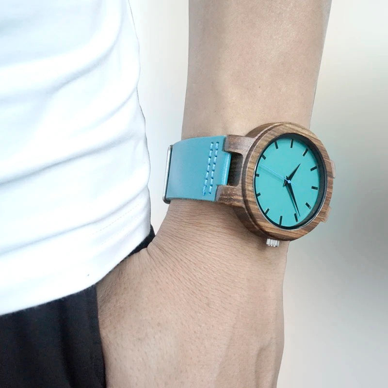 Pair of Wooden Watches for Couples and Husbands, Leather Strap, Hypoallergenic, Turquoise Blue, C28