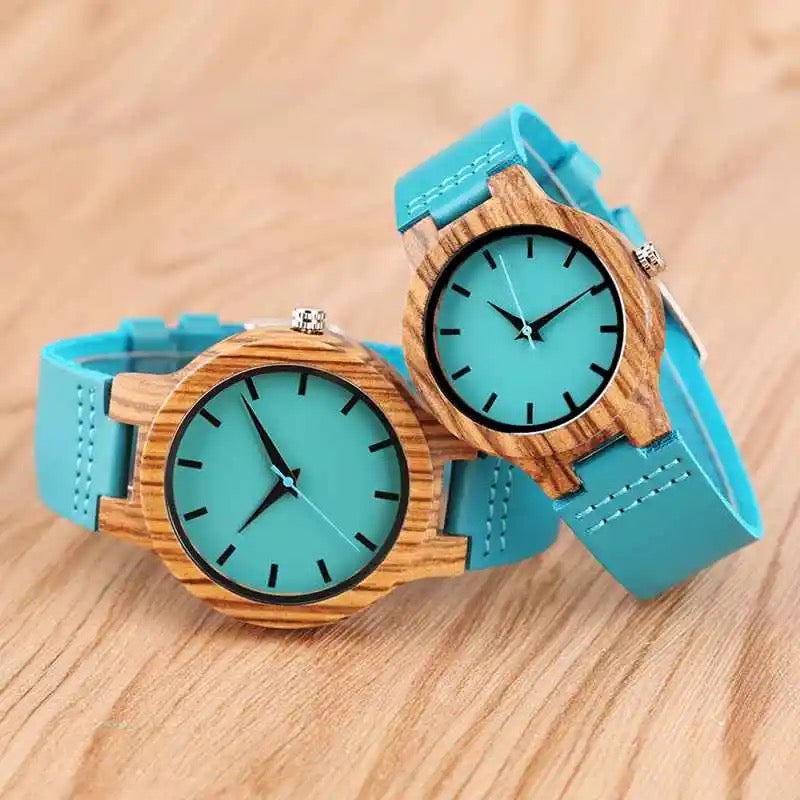 Pair of Wooden Watches for Couples and Husbands, Leather Strap, Hypoallergenic, Turquoise Blue, C28