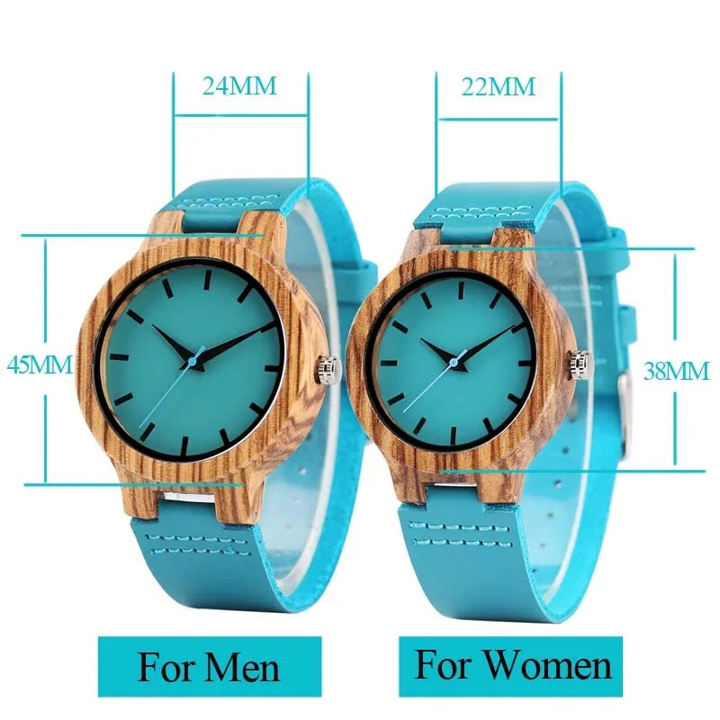 Pair of Wooden Watches for Couples and Husbands, Leather Strap, Hypoallergenic, Turquoise Blue, C28