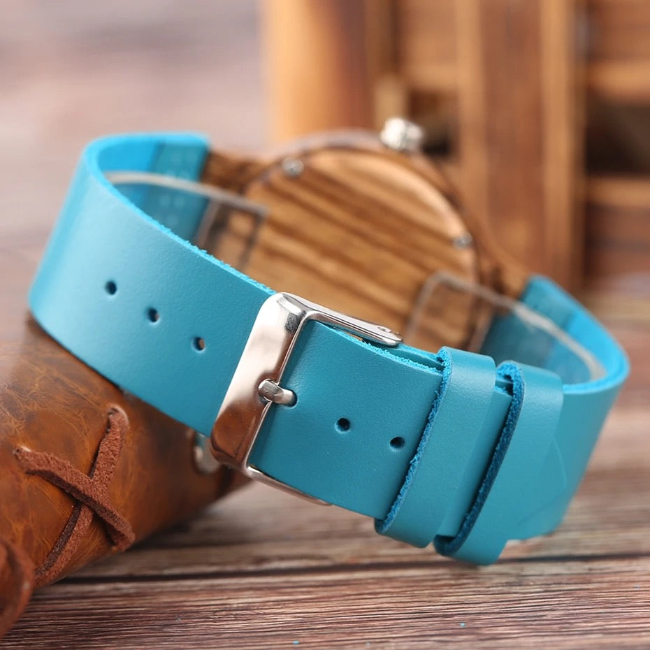 Pair of Wooden Watches for Couples and Husbands, Leather Strap, Hypoallergenic, Turquoise Blue, C28