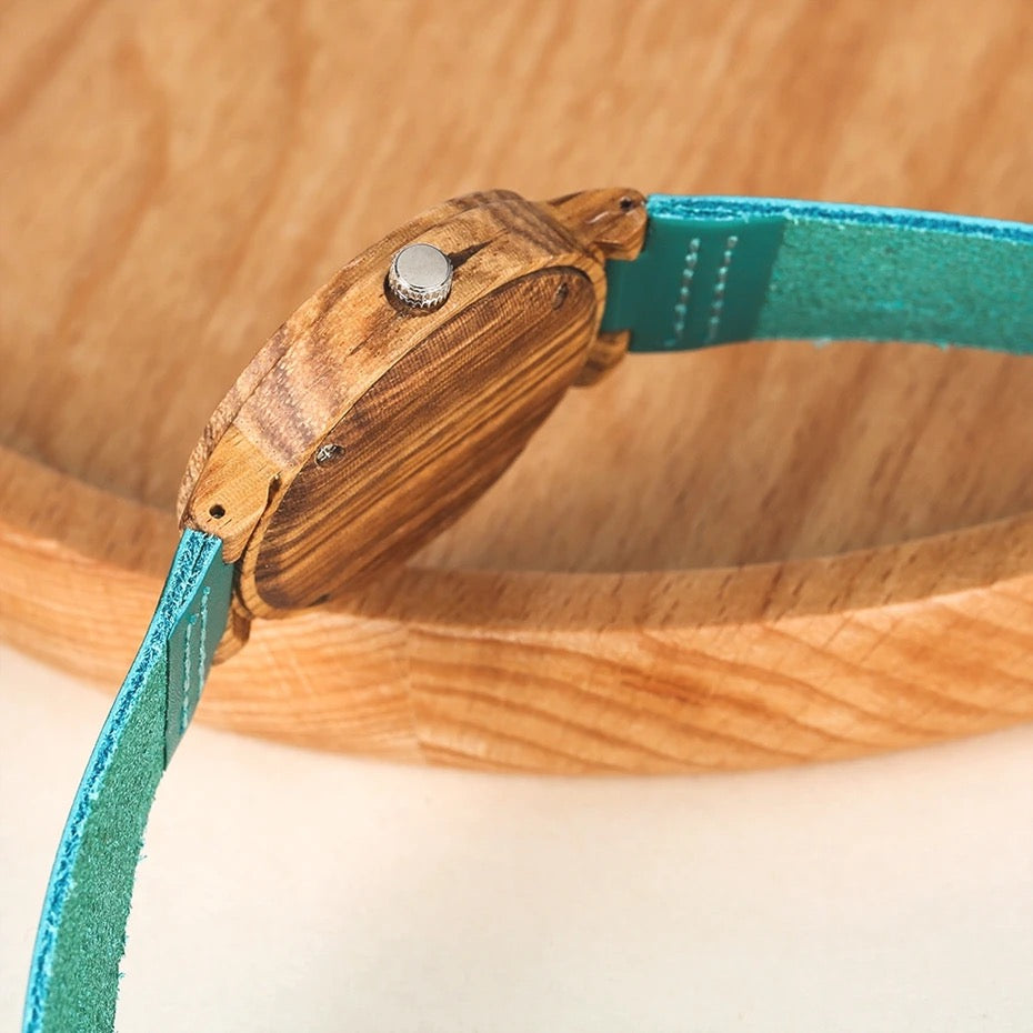 Pair of Wooden Watches for Couples and Husbands, Leather Strap, Hypoallergenic, Turquoise Blue, C28
