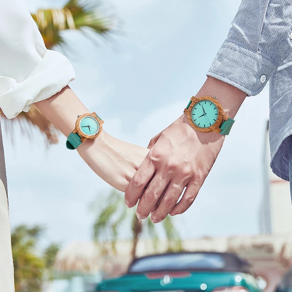 Pair of Wooden Watches for Couples and Husbands, Leather Strap, Hypoallergenic, Turquoise Blue, C28