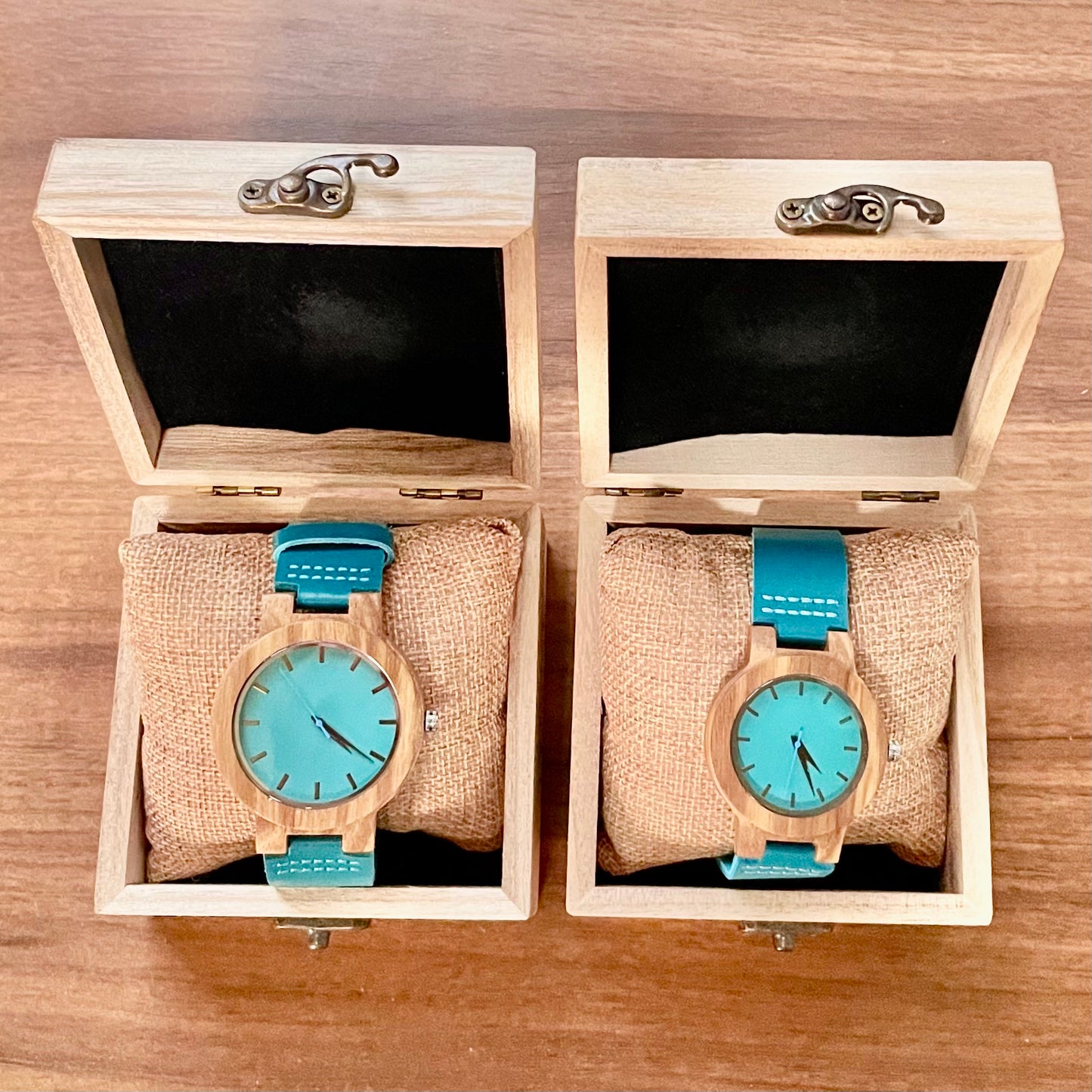 Pair of Wooden Watches for Couples and Husbands, Leather Strap, Hypoallergenic, Turquoise Blue, C28