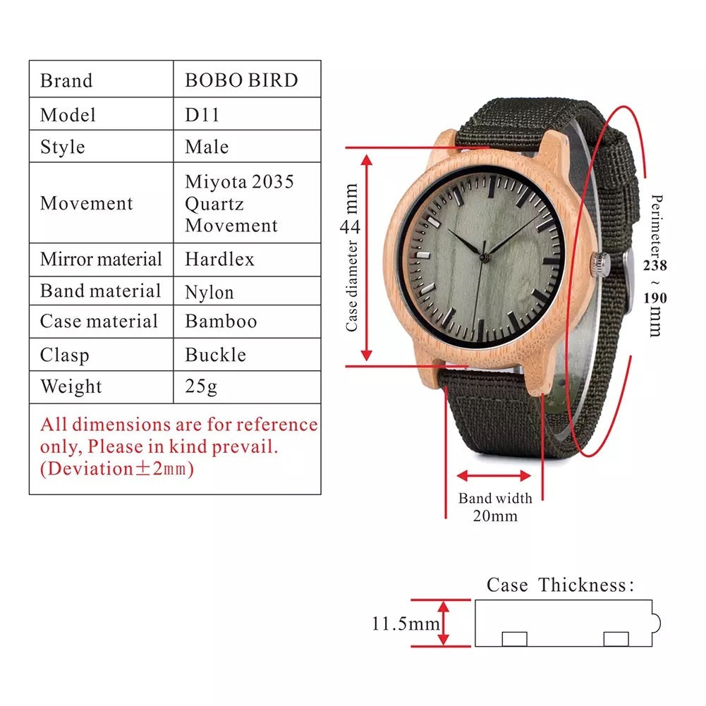 BOBO BIRD D11 Wooden Watch for Men in Their 40s and 50s, Made with Bamboo and Quartz Movement, Hypoallergenic