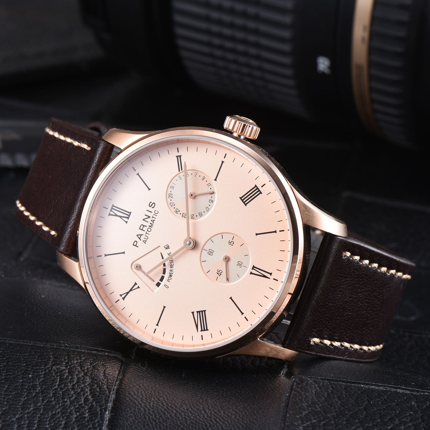 Men's PARNIS PA2122 Automatic Watch with Power Reserve Indicator, Leather Strap, and Calendar for Men in their 40s and 50s