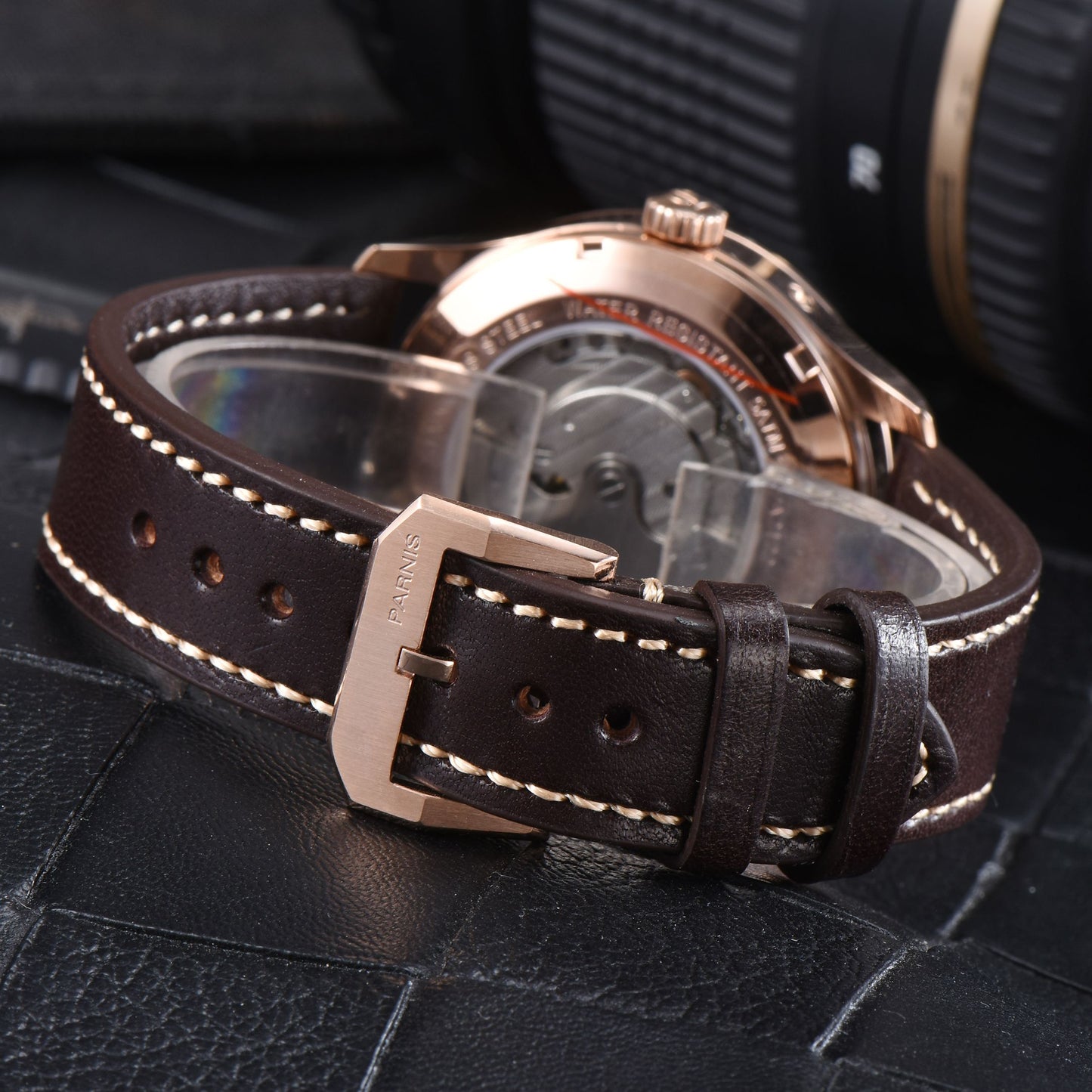Men's PARNIS PA2122 Automatic Watch with Power Reserve Indicator, Leather Strap, and Calendar for Men in their 40s and 50s