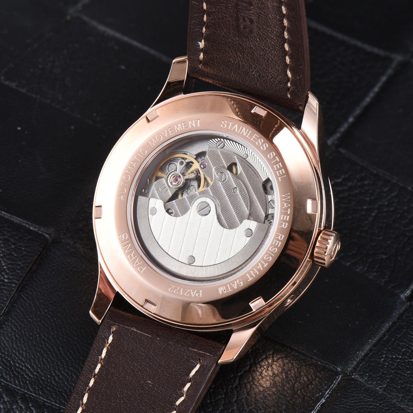 Men's PARNIS PA2122 Automatic Watch with Power Reserve Indicator, Leather Strap, and Calendar for Men in their 40s and 50s