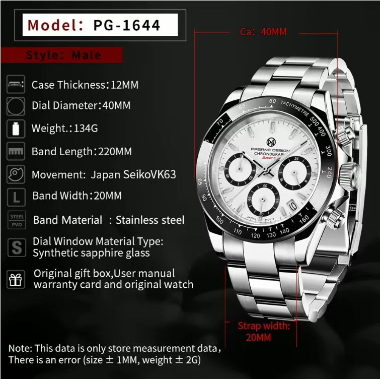Men's Watch for Men in their 40s and 50s, Homage Chronograph Quartz Movement, with Japanese Instruction Manual, PAGRNE DESIGN PG-1644