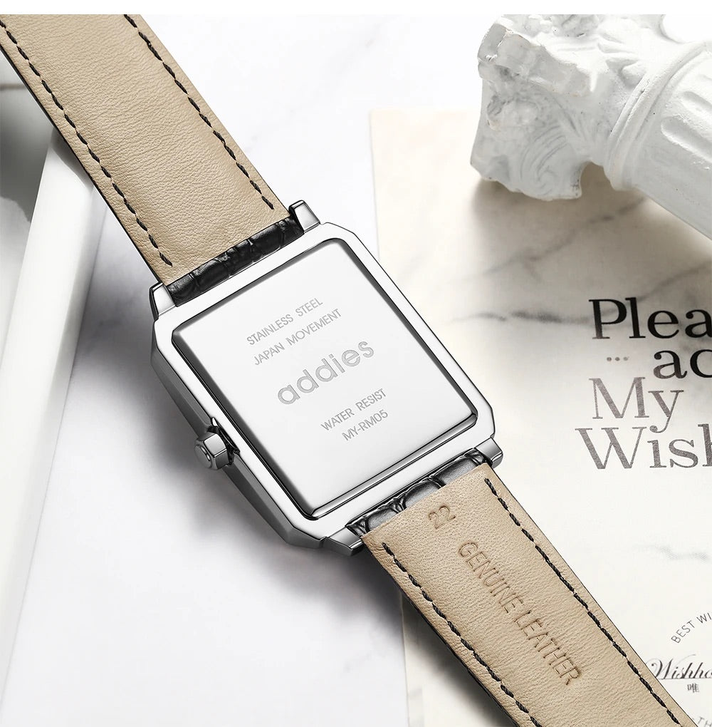 Men's Quartz Homage Watch for Men in their 40s and 50s, Black Leather Strap, Rectangular D-Buckle, ADDIESDIVE MY-RM05