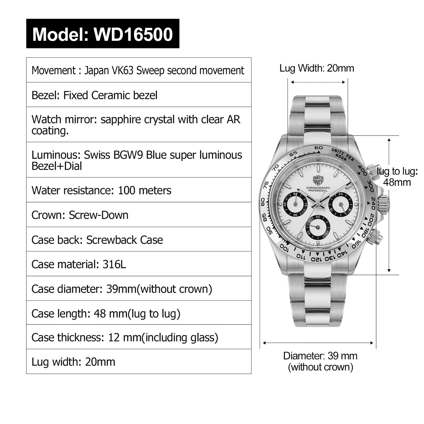 腕時計 メンズ 40代 50代 クロノグラフ オマージュウォッチ クォーツ メカクォーツ 39mm WATCHDIVES WD16500