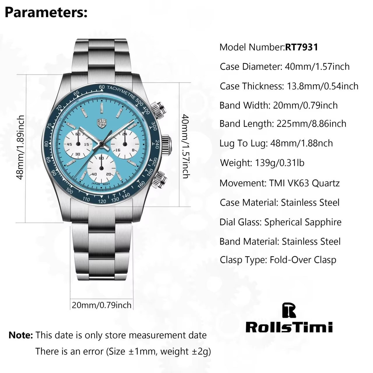 Men's Chronograph Homage Watch for Men in their 40s and 50s, Quartz Movement, Rolls Timi, with Japanese Instructions, RT-7931