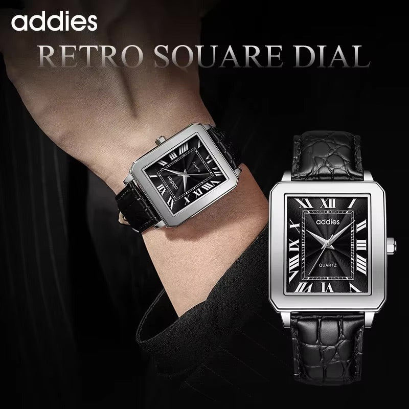Men's Quartz Homage Watch for Men in their 40s and 50s, Black Leather Strap, Rectangular D-Buckle, ADDIESDIVE MY-RM05