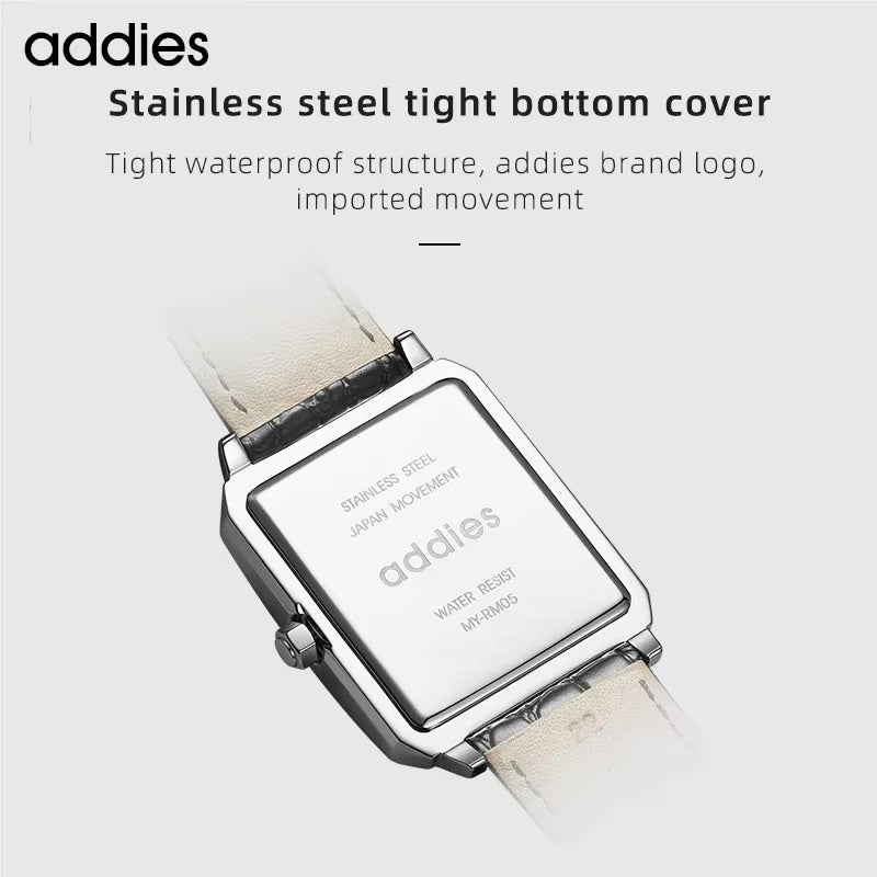 Men's Quartz Homage Watch for Men in their 40s and 50s, Black Leather Strap, Rectangular D-Buckle, ADDIESDIVE MY-RM05