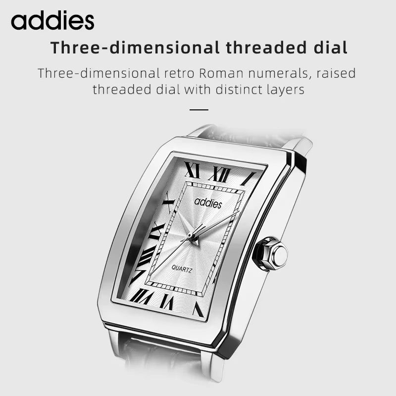 Men's Quartz Homage Watch for Men in their 40s and 50s, Black Leather Strap, Rectangular D-Buckle, ADDIESDIVE MY-RM05