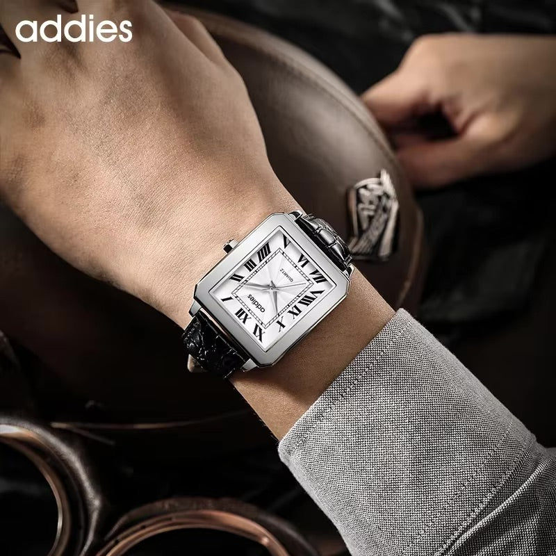 Men's Quartz Homage Watch for Men in their 40s and 50s, Black Leather Strap, Rectangular D-Buckle, ADDIESDIVE MY-RM05