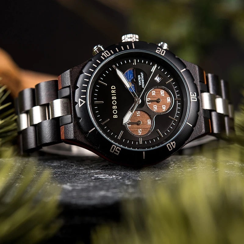 BOBO BIRD Sun and Moon GT-111 Wooden Quartz Chronograph Watch for Men in their 40s and 50s